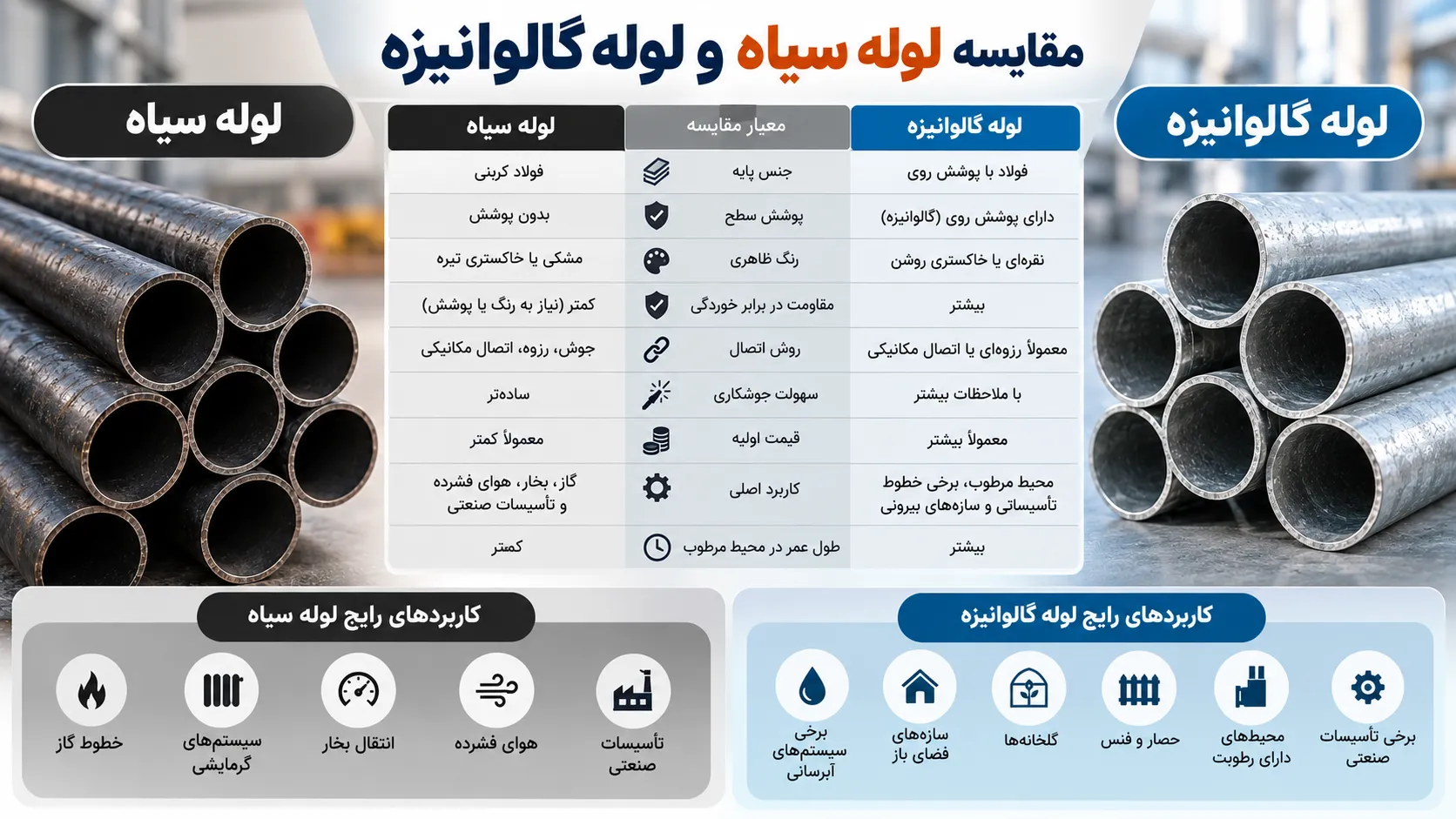 مقایسه لوله سیاه و لوله گالوانیزه
